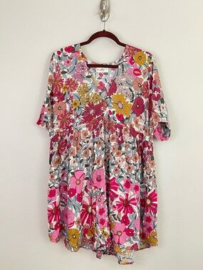 NATURAL LIFE Floral V-Neck Lightweight Swing Tunic Dress Size Medium